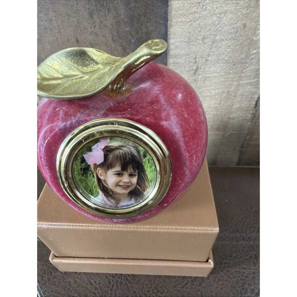 Andrea by Sadek Red Apple Polished Marble Paperweight Picture Frame Brass Stem